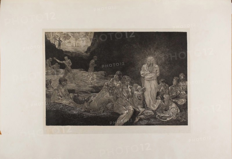 Christ and the Women Sinners, plate thirteen from A Life, 1884, Max Klinger (German, 1857-1920), printed by Otto Felsing (German, 19th century), Germany, Etching and aquatint on ivory China paper, laid down on cream laid paper, 322 x 483 mm (image), 372 x 513 mm (plate, approx.), 360 x 502 mm (primary support), 788 x 575 mm (secondary support, approx.)