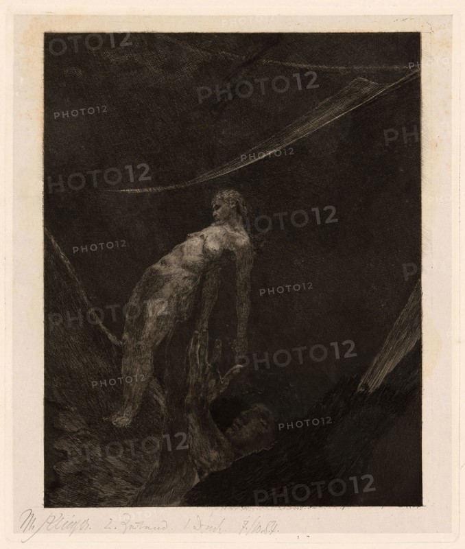 Back into Nothingness, plate fifteen from A Life, 1884, Max Klinger (German, 1857-1920), printed by Otto Felsing (German, 19th century), Germany, Aquatint and etching on ivory China paper laid down on cream laid paper, 328 x 269 mm (image), 369 x 312 mm (plate), 356 x 301 mm (primary support), 788 x 575 mm (secondary support, approx.)