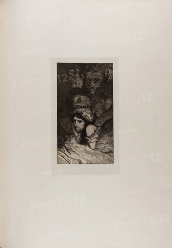 Dreams, plate three from A Life, 1884, Max Klinger (German, 1857-1920), printed by Otto Felsing (German, 19th century), Germany, Etching and aquatint, with stipple on ivory China paper, laid down on cream laid paper, 318 x 178 mm (image), 380 x 222 mm (plate, approx.), 371 x 215 mm (primary support), 788 x 575 mm (secondary support, approx.)