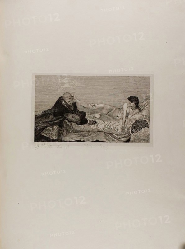 The Proposition, plate six from A Life, 1884, Max Klinger (German, 1857-1920), printed by Otto Felsing (German, 19th century), Germany, Etching on ivory China paper, laid down on cream laid paper, 196 x 344 mm (image), 232 x 370 mm (plate, approx.), 213 x 361 mm (primary support), 788 x 575 mm (secondary support, approx.)