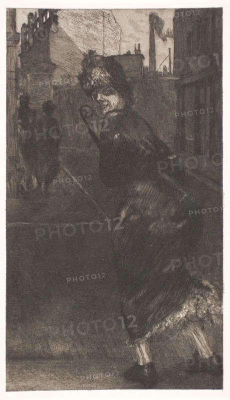 On the Street, plate nine from A Life, 1884, Max Klinger (German, 1857-1920), printed by Otto Felsing (German, 19th century), Germany, Etching and aquatint, with stipple on ivory China paper, laid down on cream laid paper, 345 x 196 mm (image), 366 x 223 mm (plate, approx.), 356 x 213 mm (primary support), 788 x 575 mm (secondary support, approx.)