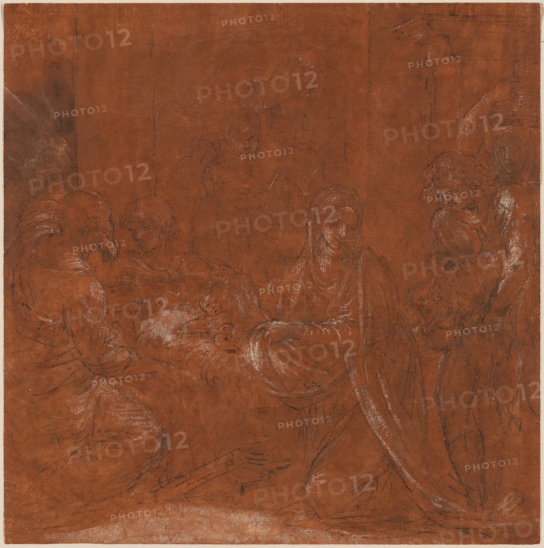 The Adoration of the Shepherds, 1611/12, Ludovico Carracci, Italian, 1555-1619, Bologna, Pen and brown ink, with white heightening, on ivory laid paper prepared with rust-brown wash, partially incised for transfer, 276 × 274 mm