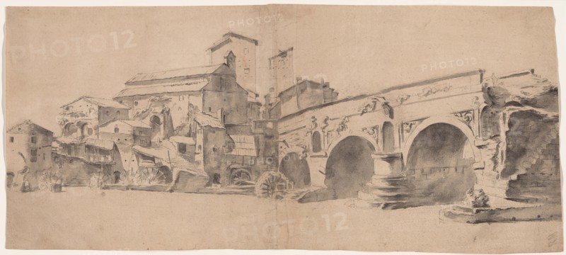 View of the Ponte Rotto, Rome, with Watermills, late 1630s, Jan Asselijn, Dutch, c. 1610-1652, Netherlands, Watercolor, over graphite, on cream laid paper, 200 x 455 mm