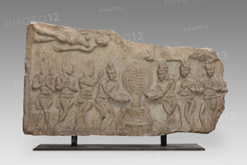 Veneration of the Bodhi Tree, 3rd century, India, Andhra Pradesh, Nagarjunakonda, Limestone, 41.7 × 73.7 × 13.3 cm