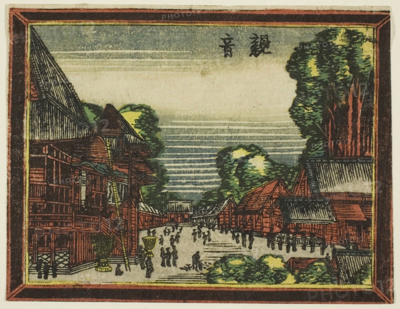 Kannon Temple (Kannon), from the series Dutch-style Pictures: Eight Views of Edo (Oranda gakyo Edo hakkei), 1804/16, Katsushika Hokusai ?? ??, Japanese, 1760-1849, Japan, Color woodblock prints, horizontal koban, 8.3 x 11.2 cm (3 1/4 x 4 3/8 in.)