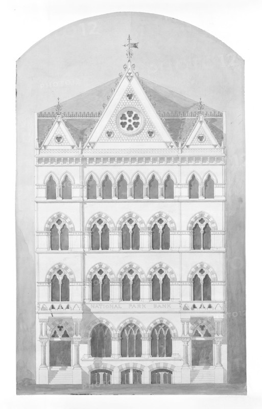 National Park Bank, New York City, New York, Competition Design Drawing, c. 1866, Peter Bonnett Wight, American, 1838–1925, New York City, Ink and watercolor on paper, 40 × 24 cm (15 3/4 × 9 1/2 in.)