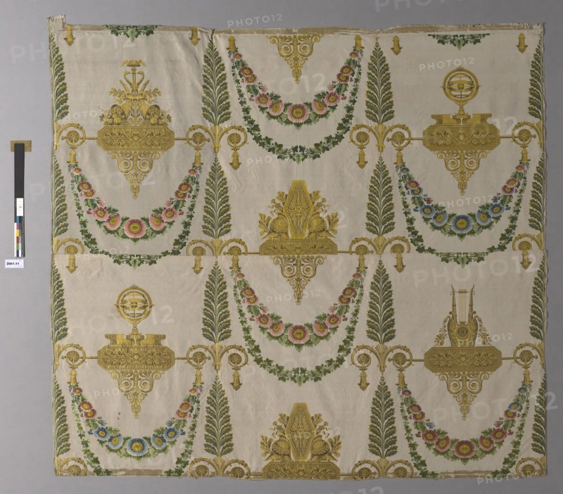 Panel Formerly Part of the Wall Covering in the Deuxième Salon des Grands Appartements of the Palais de Meudon (Château Neuf) (Empire style), 1808, Woven by Lacostat et Trollier, France, Lyon, Lyon, Silk, plain weave with supplementary brocading wefts bound in weft-float faced 1:3 'Z' twill interlacings, six panels joined, 203.5 x 219 cm (80 1/8 x 86 1/4 in.)