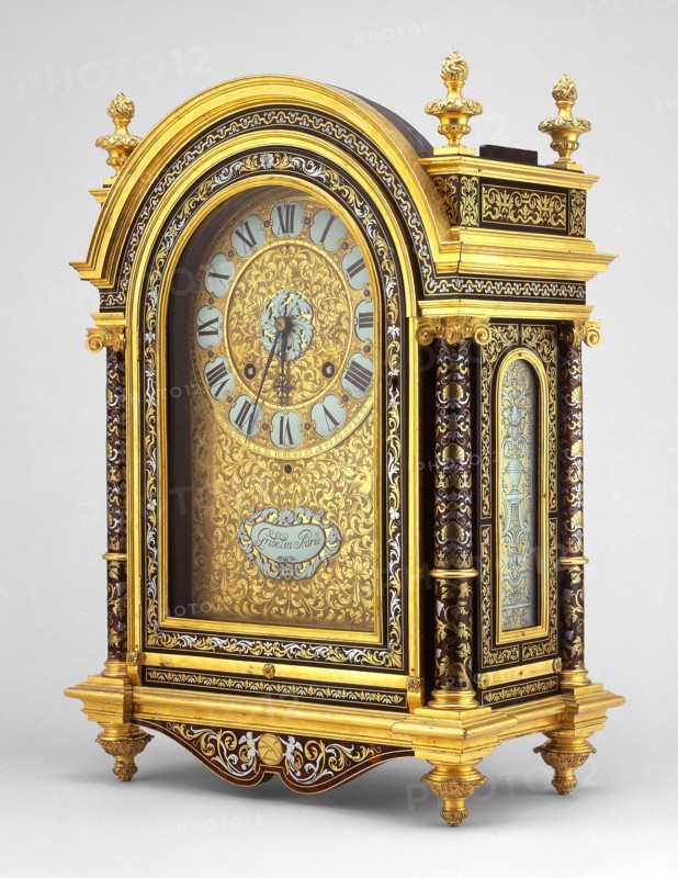 Table Clock, c. 1675, Case attributed to André Charles Boulle (French, 1642-1732), Clockwork by Nicolas Gribelin (French, 1637-1719), France, Paris, France, Walnut, ebony, gilt brass, enamel, red-stained tortoiseshell, pewter, brass, glass, steel, and various metals, H. 59.1 cm (23 1/4 in.)