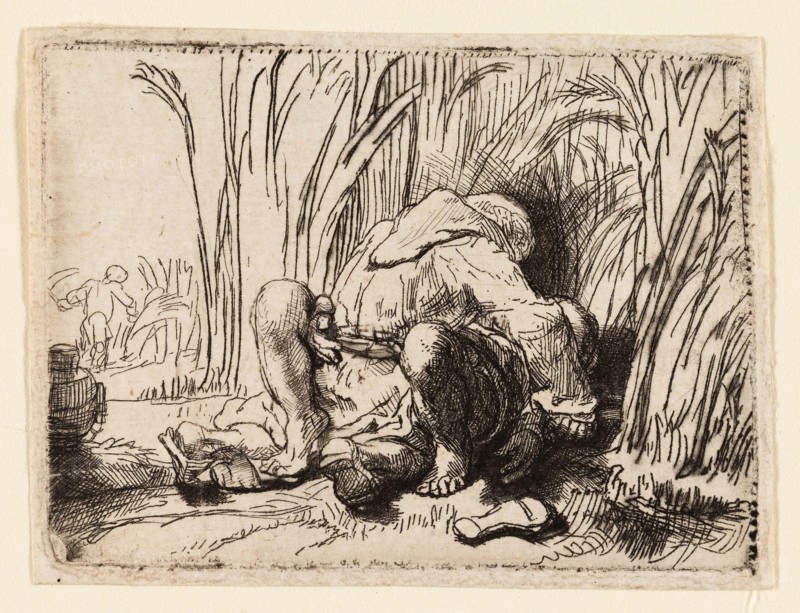 The Monk in the Cornfield, c. 1646, Rembrandt van Rijn, Dutch, 1606-1669, Netherlands, Etching with drypoint on ivory laid paper, 47 x 66 mm (image/plate);51 x 69 mm (sheet)