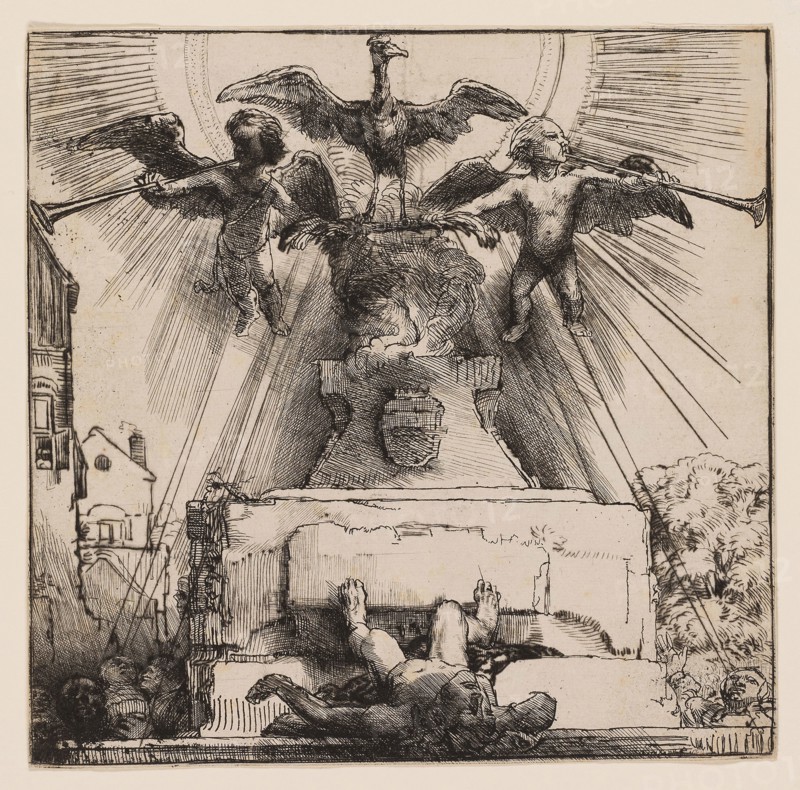 The Phoenix or The Statue Overthrown, 1658, Rembrandt van Rijn, Dutch, 1606-1669, Netherlands, Etching and drypoint on ivory laid paper, 179 x 183 mm