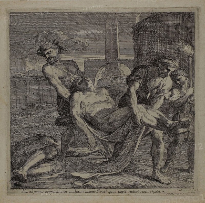 Saints Abdon and Sennen Bury the Remains of Christian Martyrs, 1656/57, Guillaume Courtois, French, 1628-1679, France, Etching on tan laid paper, verso graphite sketch of Saint's head traced from recto, 304 × 314 mm (image), 333 × 337 mm (sheet)