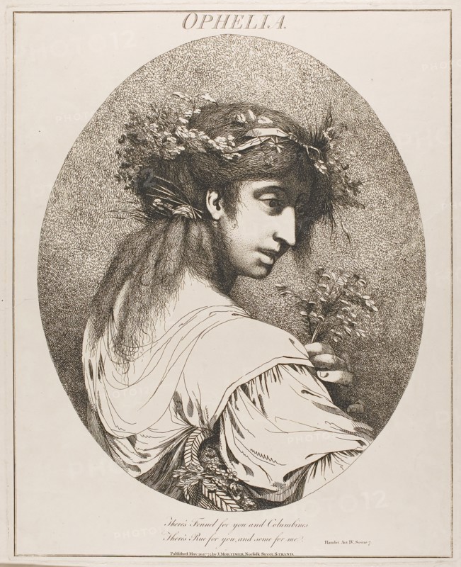 Ophelia, from Twelve Characters from Shakespeare, May 20, 1775 (originally published), published 1809, John Hamilton Mortimer, English, 1740-1779, England, Etching on cream wove paper, 406 × 324 mm (plate), 602 × 442 mm (sheet)