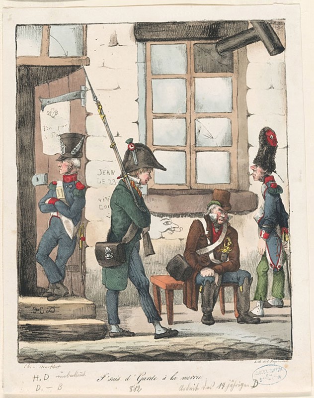 I’m guarding city hall, 1822, Honoré Victorin Daumier (French, 1808-1879), printed by Gottfried Engelmann (French, 1788-1839), published by chez Martinet (French, 19th century), France, Lithograph in black, with hand-coloring on ivory wove paper, 267 × 210 mm