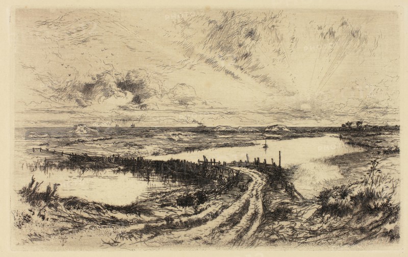 Sunrise—The Pond, East Hampton, 1883, Thomas Moran, American, born England, 1837-1926, United States, Etching on cream laid paper, 111 x 179 mm (image), 113 x 181 mm (plate), 240 x 311 mm (sheet)