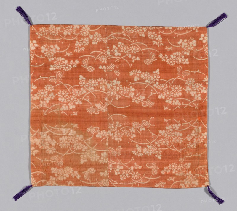 Fukusa (Gift Cover), late Edo (1789–1868)/early Meiji period (1868–1912), 1800/83, Japan, Patterned side: silk, plain weave, resist dyed, lined with silk, plain weave (possibly dyed with safflower), sewn with front and lining matched in size, corners: silk, knotted, cut fringe tassels, 38.3 x 42.2 cm (15 1/8 x 16 5/8 in.)