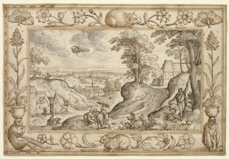Landscape with the Sacrifice of Isaac within a Decorative Border of Plants and Animals, 1584, Hans Bol, Netherlandish, 1534-1593, Netherlands, Pen and brown ink and brown and gray washes on ivory laid paper, incised with a stylus for transfer, 145 x 212 mm