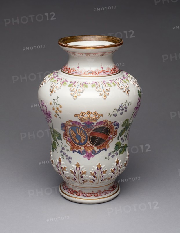 Vase, c. 1730, Du Paquier Porcelain Manufactory, Austrian, 1718-1744, Vienna, Hard-paste porcelain, polychrome enamels, and gilding, H. 29.2 cm (11 1/2 in.), diam. 19.1 cm (7 1/2 in.)