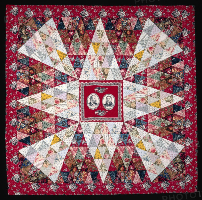 Garfield and Arthur Quilt, c.  1880, Possibly Annie Ensminger Kready (American, 1871-1956) or Louisa Ensminger (American, 1850-1899), United States, Pennsylvania, Lancaster County, Manheim Township, Pennsylvania, Pieced quilt, printed, cotton plain and twill weave fabrics, printed, cotton plain weave handkerchief, 215.7 x 218.9 cm (84 7/8 x 86 1/4 in.)