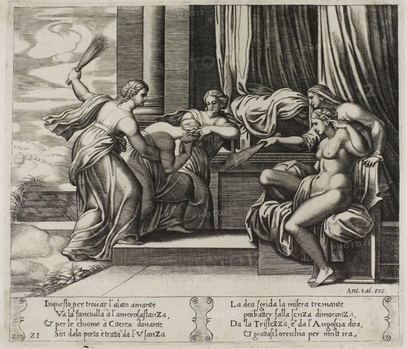 Sorrow and Pain Punishing Psyche, 1530/40, Master of the Die (Italian, active c. 1530-1560), after Michiel Coxcie I (Flemish, 1499-1592), in turn, inspired by Raffaello Sanzio, called Raphael (Italian, 1483-1520), Italy, Engraving in warm brown ink on cream laid paper, 200 x 235 mm (plate), 270 x 370 mm (sheet)