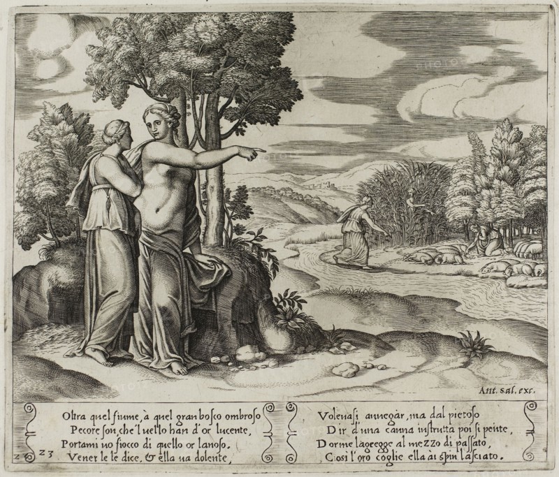 Psyche Going to Seek the Golden Wool, 1530/40, Master of the Die (Italian, active c. 1530-1560), after Michiel Coxcie I (Flemish, 1499-1592), in turn, inspired by Raffaello Sanzio, called Raphael (Italian, 1483-1520), Italy, Engraving in warm brown ink on cream laid paper, 200 x 235 mm (plate), 270 x 370 mm (sheet)