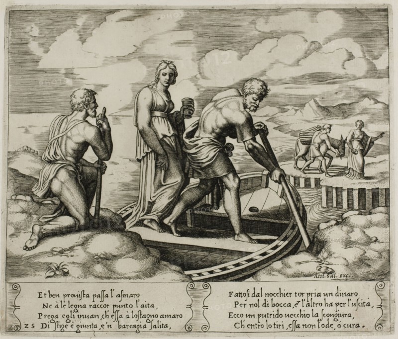 Psyche Embarks in Charon’s Boat, 1530/40, Master of the Die (Italian, active c. 1530-1560), after Michiel Coxcie I (Flemish, 1499-1592), in turn, inspired by Raffaello Sanzio, called Raphael (Italian, 1483-1520), Italy, Engraving in warm brown ink on cream laid paper, 200 x 235 mm (plate), 270 x 370 mm (sheet)