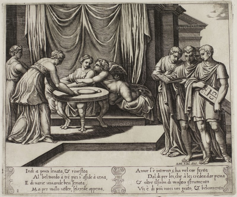 Other Nymphs Serving Psyche at the Table, 1530/40, Master of the Die (Italian, active c. 1530-1560), after Michiel Coxcie I (Flemish, 1499-1592), in turn, inspired by Raffaello Sanzio, called Raphael (Italian, 1483-1520), Italy, Engraving in warm brown ink on cream laid paper, 200 x 235 mm (plate), 270 x 370 mm (sheet)