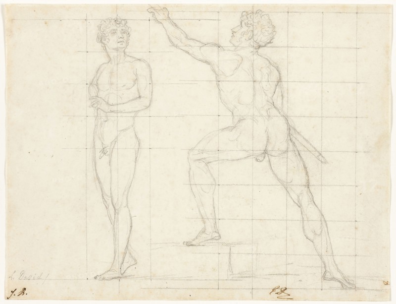 Study for The Distribution of the Eagles, c. 1810, Jacques Louis David, French, 1748-1825, France, Black chalk on ivory wove paper, squared in graphite, 186 × 241 mm