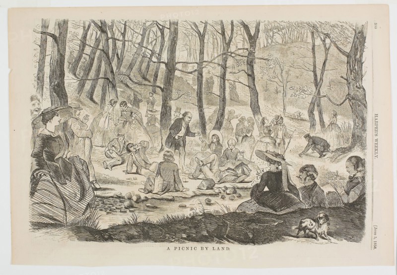 A Picnic By Land, published June 5, 1858, Winslow Homer (American, 1836-1910), published by Harper’s Weekly (American, 1857-1916), United States, Wood engraving on paper, 234 x 352 mm (image), 274 x 399 mm (sheet)