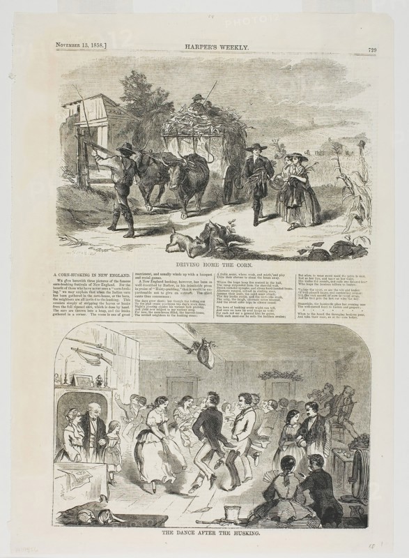 Driving Home the Corn and The Dance After the Husking, published November 13, 1858, Winslow Homer (American, 1836-1910), published by Harper’s Weekly (American, 1857-1916), United States, Wood engravings on paper, 152 x 235 mm (image, The Dance), 154 x 238 mm (image, Driving Home), 400 x 286 mm (sheet)