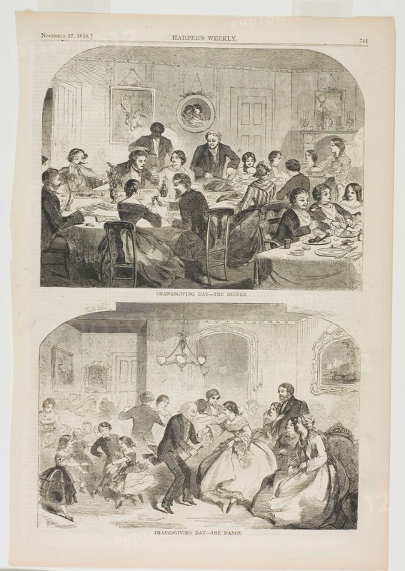Thanksgiving Day—The Dinner and Thanksgiving Day—The Dance, published November 27, 1858, Winslow Homer (American, 1836-1910), published by Harper’s Weekly (American, 1857-1916), United States, Wood engravings on paper, 176 x 234 mm (image, Dinner), 165 x 233 mm (image, Dance), 404 x 278 mm (sheet)