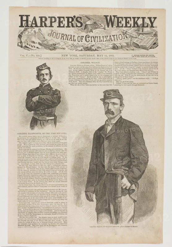 Colonel Wilson, of Wilson’s Brigade, and Colonel Ellsworth, of the Fire Zouaves, published May 11, 1861, Winslow Homer (American, 1836-1910), published by Harper’s Weekly (American, 1857-1916), United States, Wood engravings on paper, 403 x 264 mm