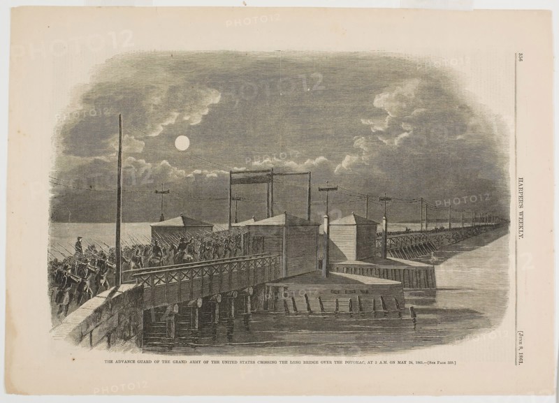 The Advance Guard of the Grand Army of the United States Crossing the Long Bridge over the Potomac at 2 A.M. on May 24, 1861, published June 8, 1861, Winslow Homer (American, 1836-1910), published by Harper’s Weekly (American, 1857-1916), United States, Wood engraving on paper, 232 x 352 mm (image), 295 x 407 mm (sheet)