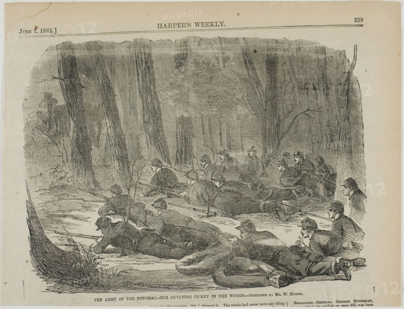 The Army of The Potomac—Our Outlying Picket in the Woods, published June 7, 1862, Winslow Homer (American, 1836-1910), published by Harper’s Weekly (American, 1857-1916), United States, Wood engraving on paper, 174 x 236 mm (image), 209 x 274 mm (sheet)
