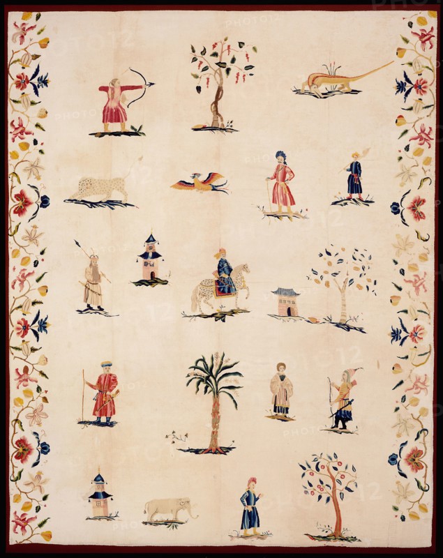 Bed Curtain, c. 1720, United States or England, United States, Linen and cotton, 2:2 twill weave, embroidered with wool in satin, single satin, and stem stitches, French knots and stem stitch couching, four panels joined, 233.6 x 185.4 cm (92 x 73 in.)