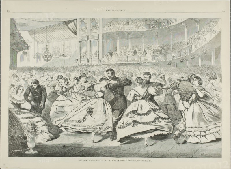 The Great Russian Ball at the Academy of Music, November 5, 1863, published November 21, 1863, Winslow Homer (American, 1836-1910), published by Harper’s Weekly (American, 1857-1916), United States, Wood engraving on buff wove paper, 334 x 516 mm (image), 406 x 555 mm (sheet)