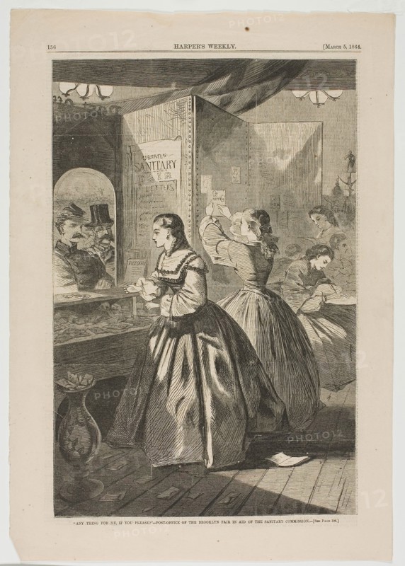 Any Thing for Me, If You Please?—Post-Office of the Brooklyn Fair in Aid of the Sanitary Commission, published March 5, 1864, Winslow Homer (American, 1836-1910), published by Harper’s Weekly (American, 1857-1916), United States, Wood engraving on paper, 345 x 230 mm (image), 407 x 291 mm (sheet)