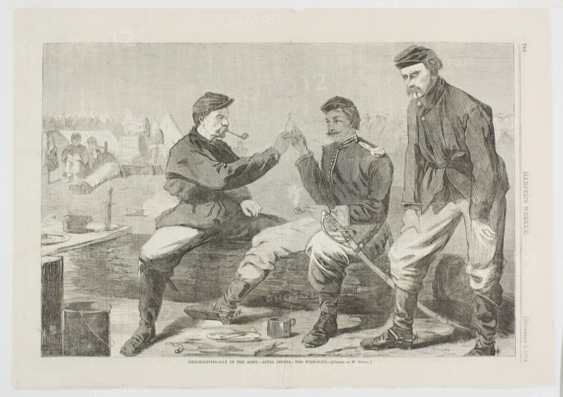 Thanksgiving Day in the Army—After Dinner: The Wish Bone, published December 3, 1864, Winslow Homer (American, 1836-1910), published by Harper’s Weekly (American, 1857-1916), United States, Wood engraving on paper, 233 x 352 mm (image), 282 x 402 mm (sheet)