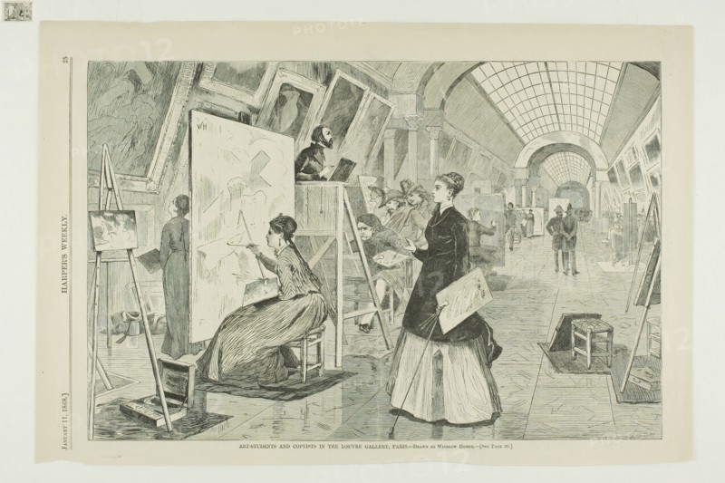 Art Students and Copyists in the Louvre Gallery, Paris, published January 11, 1868, Winslow Homer (American, 1836-1910), published by Harper’s Weekly (American, 1857-1916), United States, Wood engraving on buff wove paper, 230 x 349 mm (image), 269 x 400 mm (sheet)