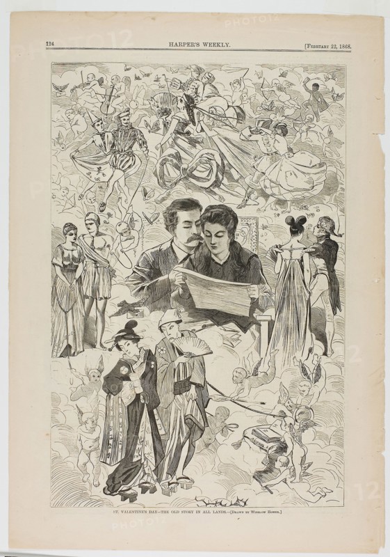 Saint Valentine’s Day—The Old Story in All Lands, published February 22, 1868, Winslow Homer (American, 1836-1910), published by Harper’s Weekly (American, 1857-1916), United States, Wood engraving on paper, 345 x 229 mm (image), 420 x 293 mm (sheet)