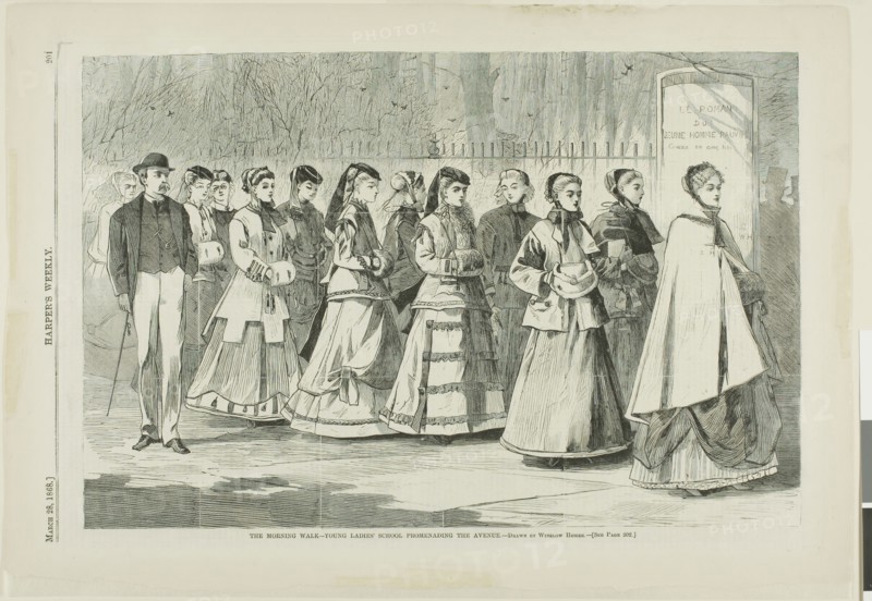 The Morning Walk—Young Ladies’ School Promenading the Avenue, published March 28, 1868, Winslow Homer (American, 1836-1910), published by Harper’s Weekly (American, 1857-1916), United States, Wood engraving on paper, 230 x 347 mm (image), 284 x 408 mm (sheet)