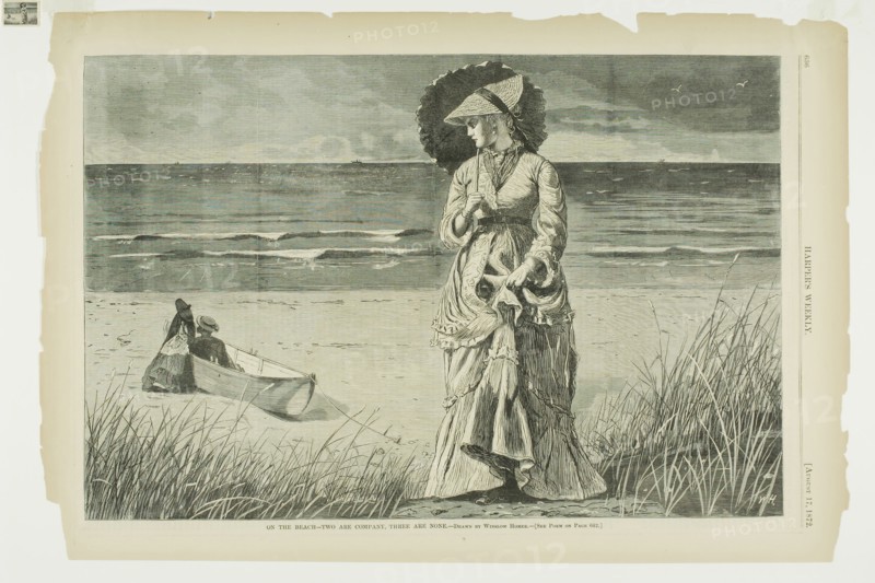 On the Beach—Two Are Company, Three Are None, published August 17, 1872, Winslow Homer (American, 1836-1910), published by Harper’s Weekly (American, 1857-1916), United States, Wood engraving on paper, 233 x 351 mm (image), 277 x 407 mm (sheet)