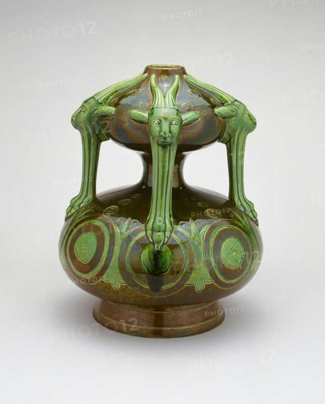 Grotesque Vase, c. 1893, Christopher Dresser, English, born Scotland, 1834-1904, Made by Ault Pottery, Swadlincote, Derbyshire, England, 1887-1923, England, Lead-glazed earthenware, 27.3 × 21.6 cm (10 3/4 × 8 1/2 in.)
