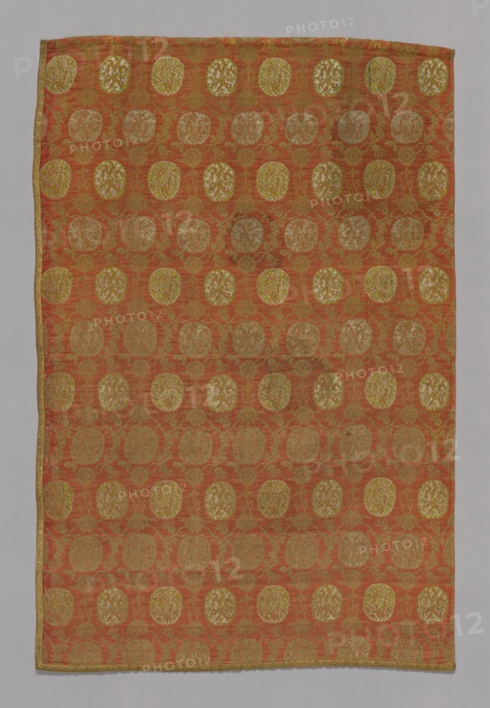 Panel, 1890s, Possibly England or France, England, Cotton, silk, wild silk and gilt-metal-strip wrapped cotton, double faced weave of two sets of complimentary warp and weft forming detached layers of interlacing in areas of plain weave over weft-float faced 1:2 's' twill weave and weft-float faced 1:4 satin weave over plain weave and single layer areas of plain weave with paired warps and wefts and with supplementary patterning wefts bound in a weft-float faced 1:3 's' twill interlacings and self-patterned by ground weft floats, edged with cotton, silk and gilt-metal-strip wrapped cotton, plain weave with supplementary patterning wefts, 186.3 × 122.2 cm   (73 3/8 × 48 1/8 in.)