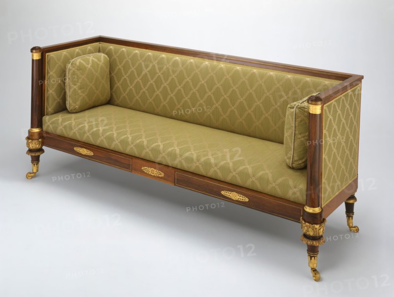 Box Sofa, c. 1820, Attributed to Duncan Phyfe, American, born Scotland, 1768–1854, United States, Rosewood and gilded wood, with ormolu mounts, die-stamped brass inlay inset with rosewood, brass stringing, and gilt-brass castors, 85.7 × 208.3 × 69.2 cm (33 3/4 × 82 × 27 1/4 in.)