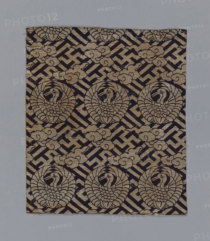 Uchishiki (Altar Cloth), late Edo period (1789–1868), 1801/25, Japan, Silk, cotton and gold-leaf-over-lacquered-paper strip, warp-float faced 3:1 'Z' twill weave with plain interlacings of secondary binding warps and supplementary patterning wefts, 67.9 x 57.7 cm (26 3/4 x 22 3/4 in.)