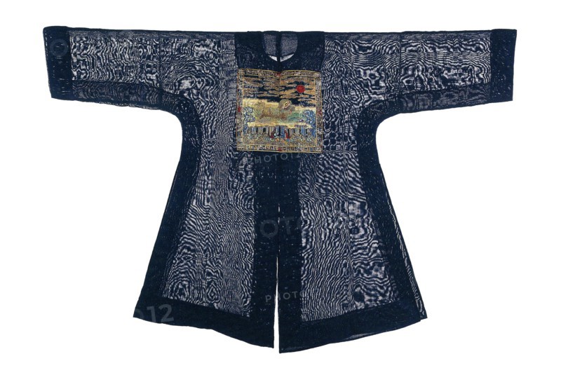 Man’s Bufu (Court Surcoat), Qing dynasty (1644–1911), 1875/1900, Manchu, China, Silk, 1:1 plain gauze weave, embroidered with silk and gilt- and silvered-metal-strip-wrapped silk in satin, stem, and tent stitches, Roumanian couching, 105.7 × 157.5 cm (41 5/8 × 62 in.)