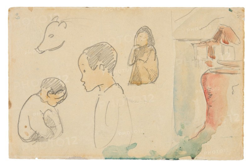 Sketches of Crouching and Standing Figures, a Pig, and a Hut at Water’s Edge, 1891, Paul Gauguin, French, 1848-1903, France, Graphite and watercolor on cream wove paper, discolored to tan (removed from a sketchbook), 108 × 167 mm