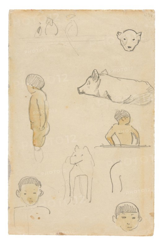 Sketches of Standing Figures and Animals, 1891/93, Paul Gauguin, French, 1848-1903, France, Graphite and watercolor on cream wove paper, discolored to tan (removed from a sketchbook), 108 × 167 mm