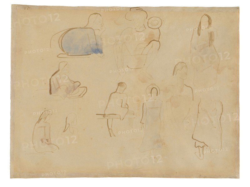 Ten Studies of Tahitian Figures, 1891/93, Paul Gauguin, French, 1848-1903, France, Brush and brown inks (originally purple), with watercolor, on parchment, 240 × 314 mm