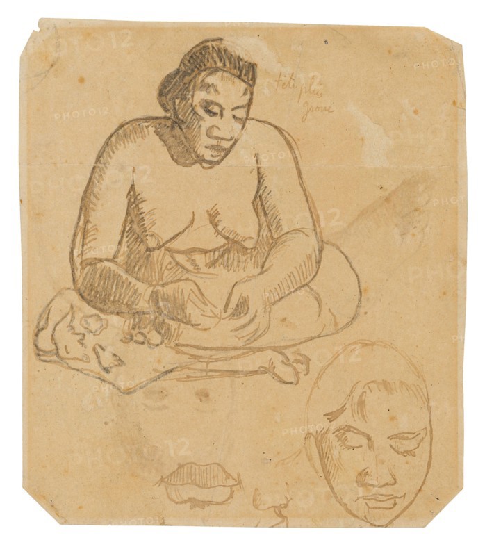 Seated Tahitian Woman (recto), Standing Tahitian Woman (verso), 1891/93, Paul Gauguin, French, 1848-1903, France, Pen and brown ink (originally purple, est.), with graphite, on cream wove paper (recto), pen and brown ink (originally purple, est.), with traces of graphite, on cream wove paper, removed from a sketchbook and trimmed, 179 × 158 mm